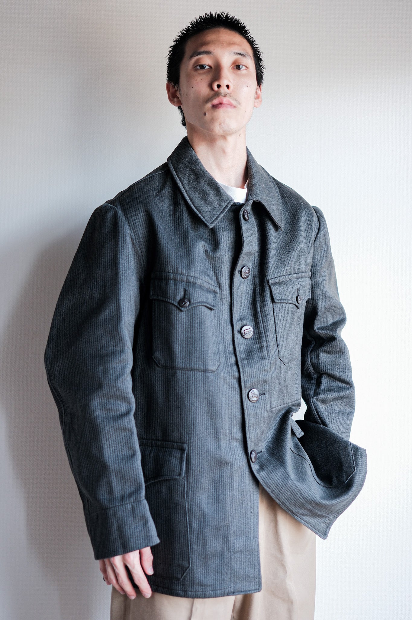 [~ 50's] French Vintage Gray Cotton Pique Hunting Jacket with China Strap "Dead Stock"