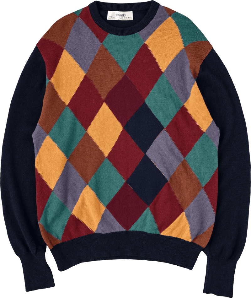 [~90's]Old BALLANTYNE Pure Cashmere Argyle Pattern Crew-Neck Sweater Size.48 "Harrods 별주"
