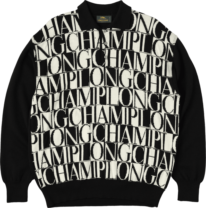 【~90’s】Old LONGCHAMP Merino Wool Patterned L/S Knit Polo Shirt Size.52