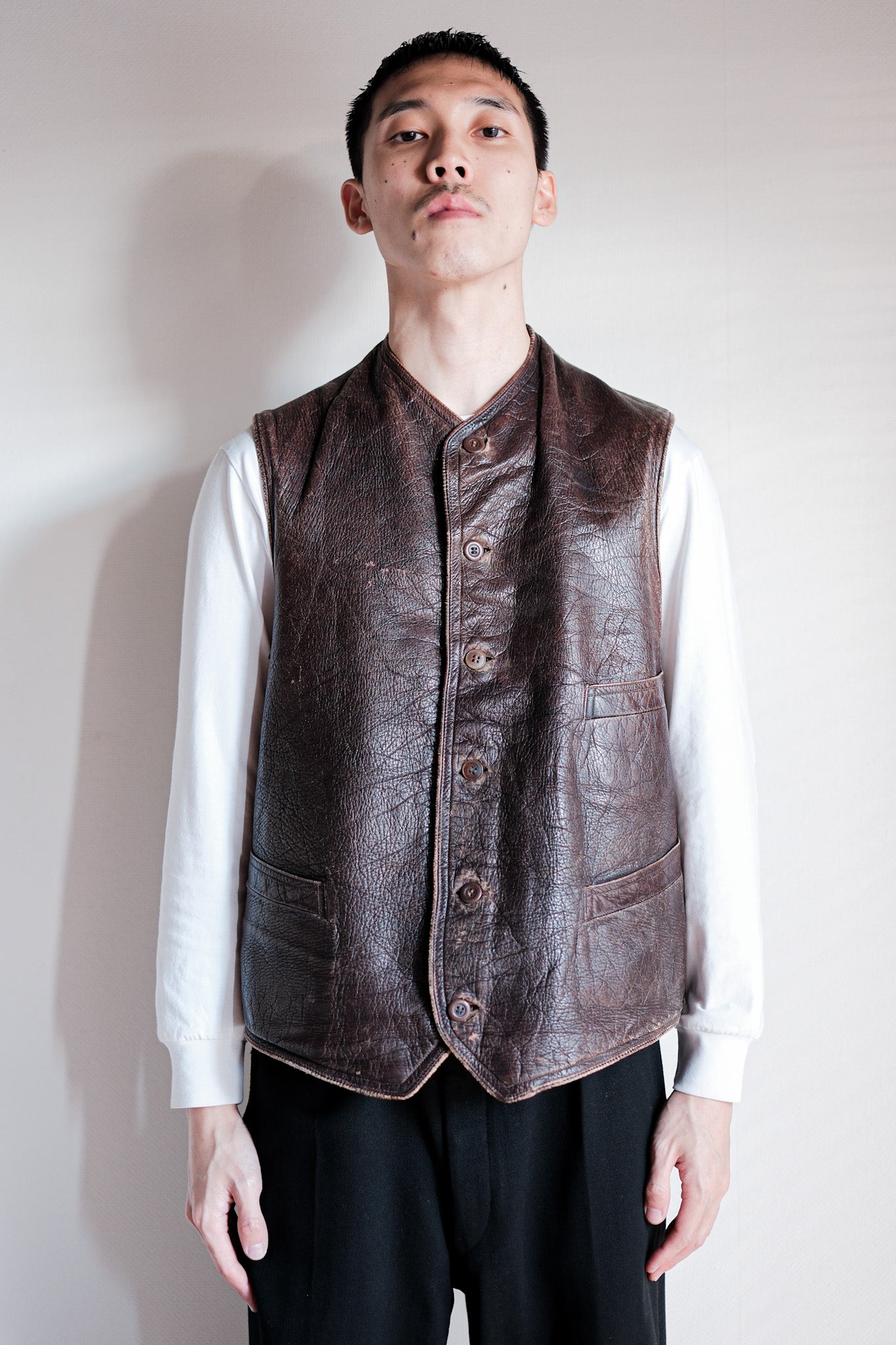 ［~40's］French Vintage Brown Leather Work Gilet