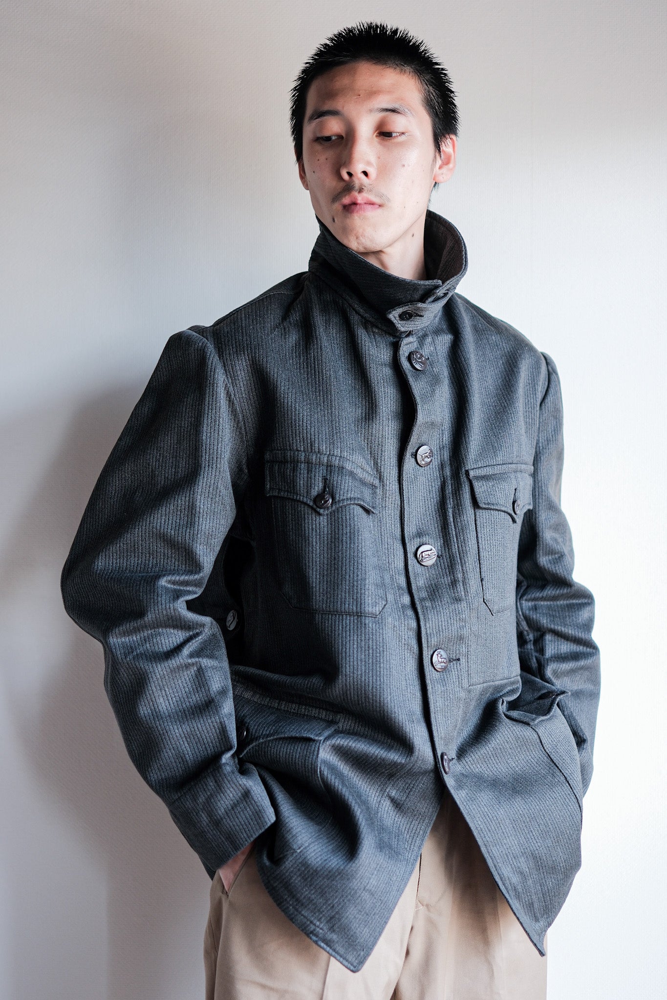 【~50's】French Vintage Gray Cotton Pique Hunting Jacket With Chin Strap "Dead Stock"