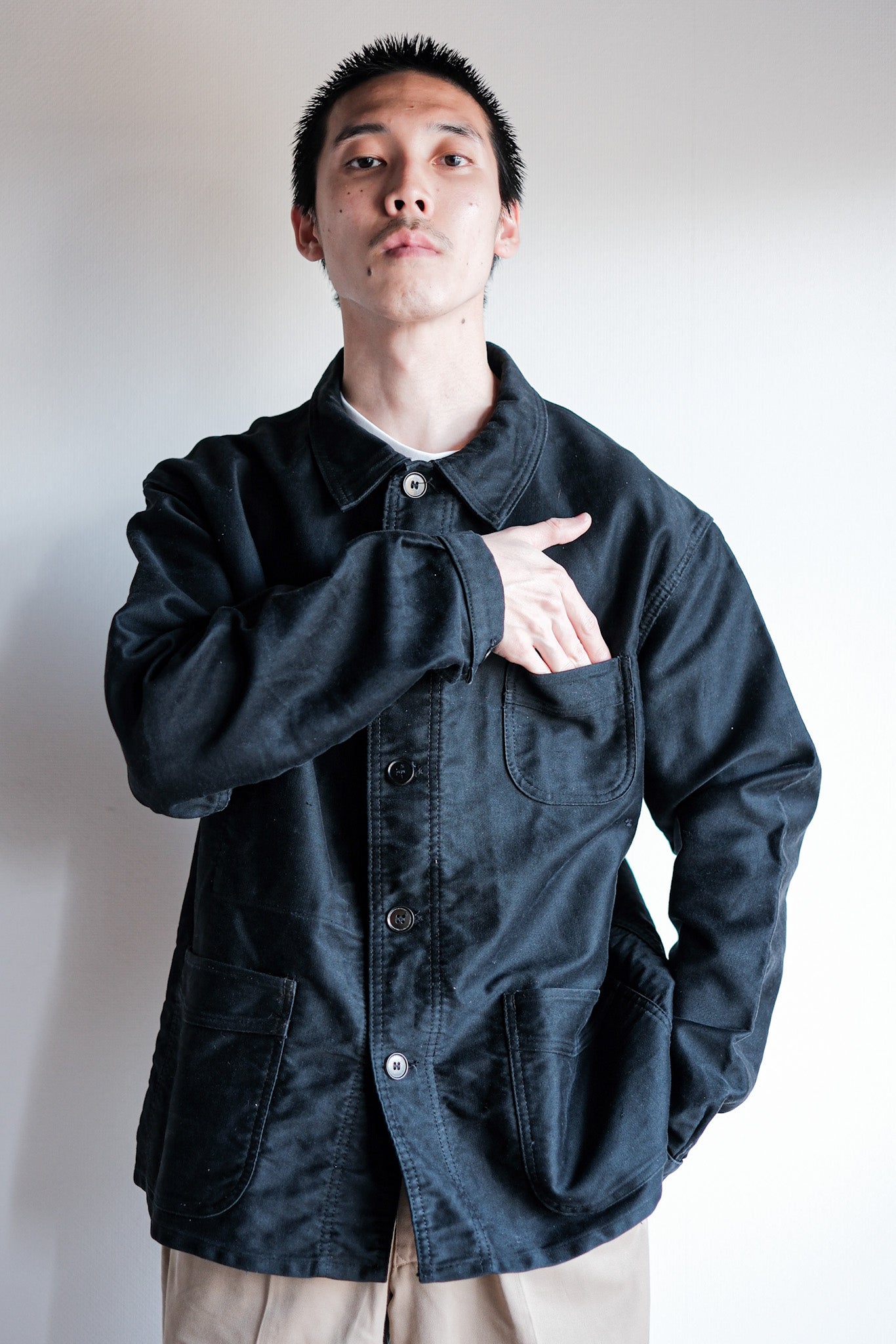 50's】French Vintage Black Moleskin Work Jacket Size.52 