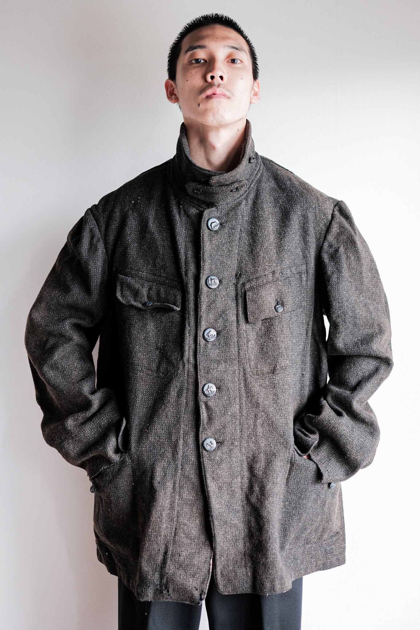 [~30 年代] 法國復古灰色羊毛狩獵夾克，帶下巴帶“Boro”