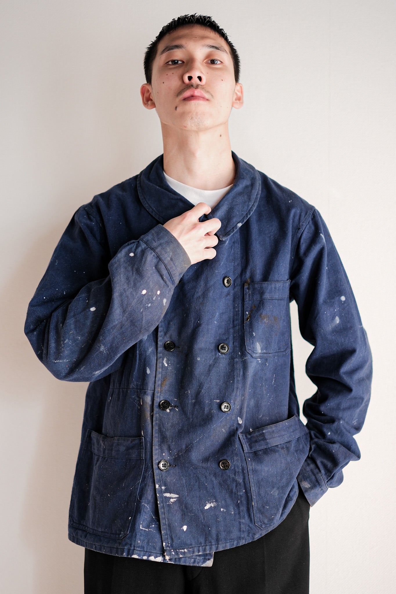 ［~50's］French Vintage Double Breasted Indigo Cotton Twill Work Jacket "Crazy Paint"
