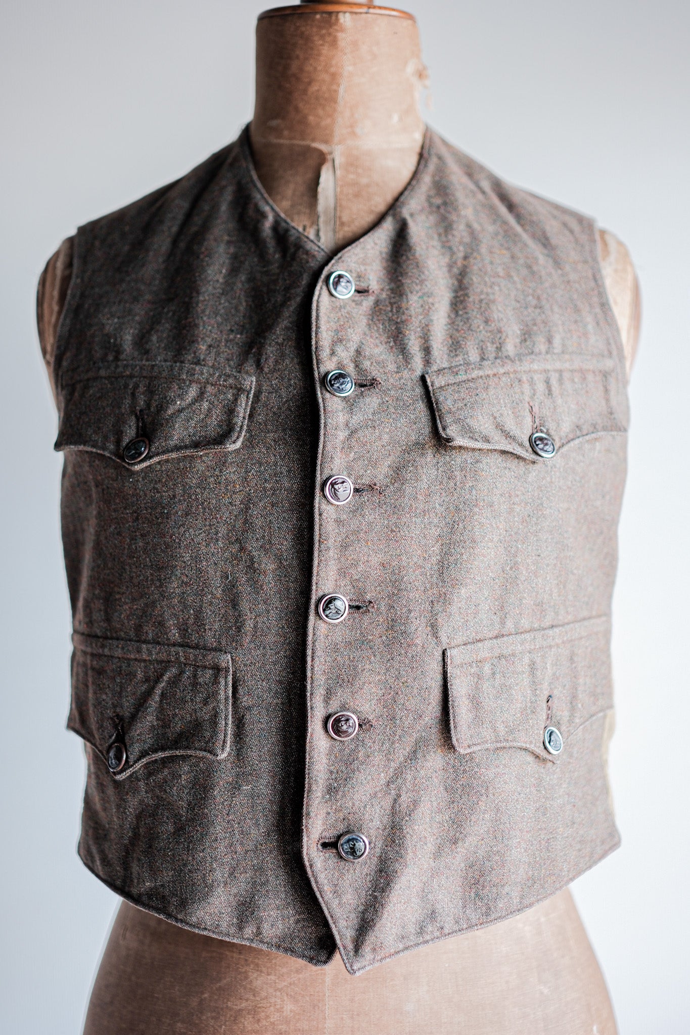 [~ 40's] French Vintage Brown Mix Wool Hunting Gilet