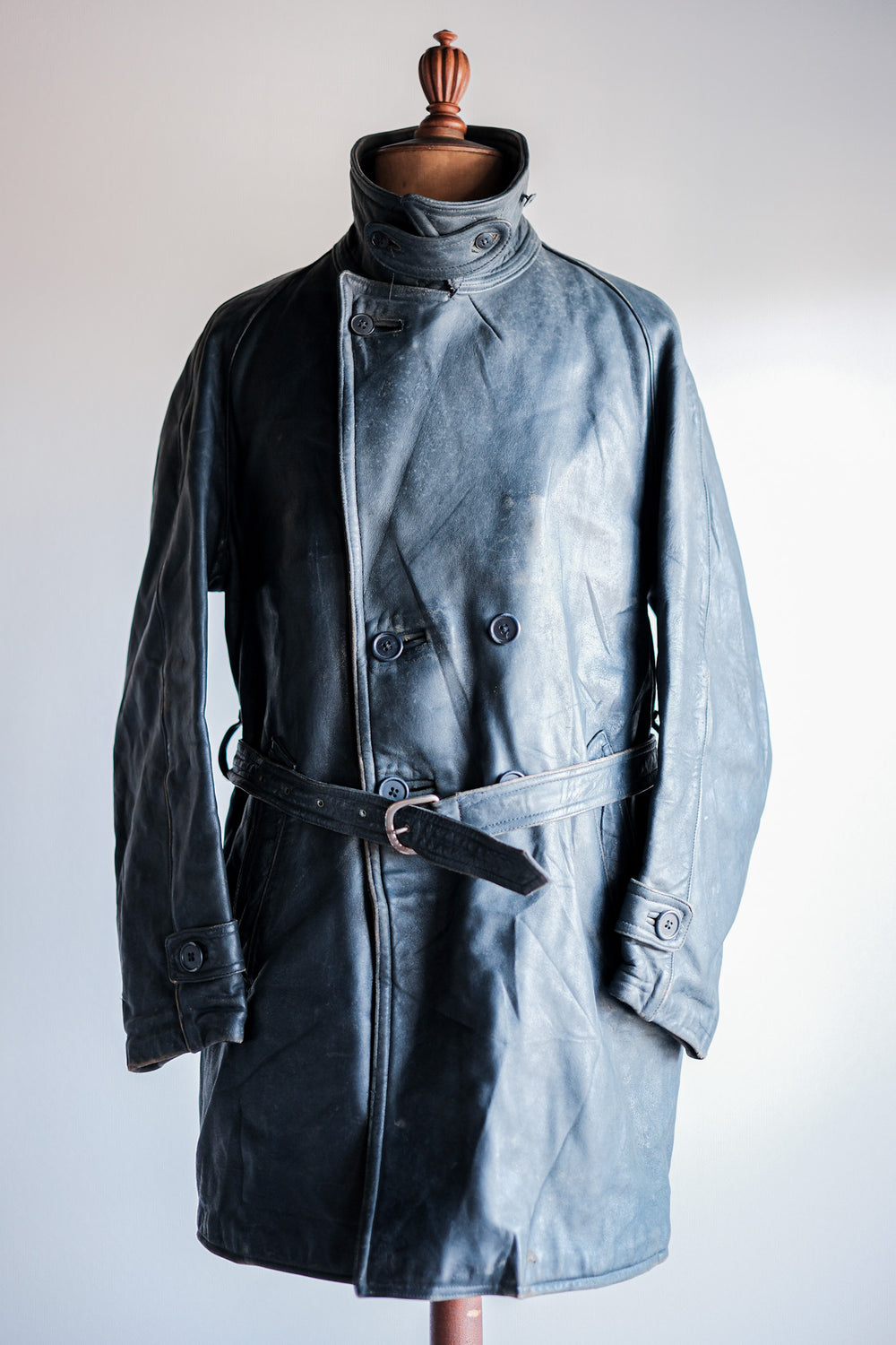 【~50's】French Vintage Double Breasted Leather Work Coat With Chin Strap