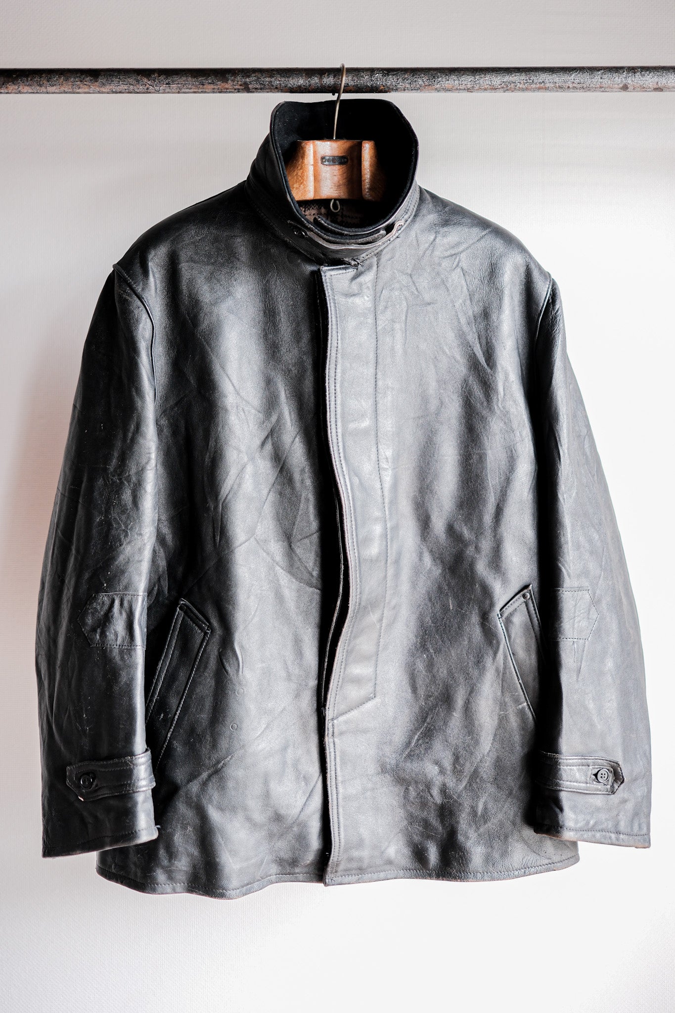 ［~60's］French Vintage Black Leather Work Jacket "Wool Collar"