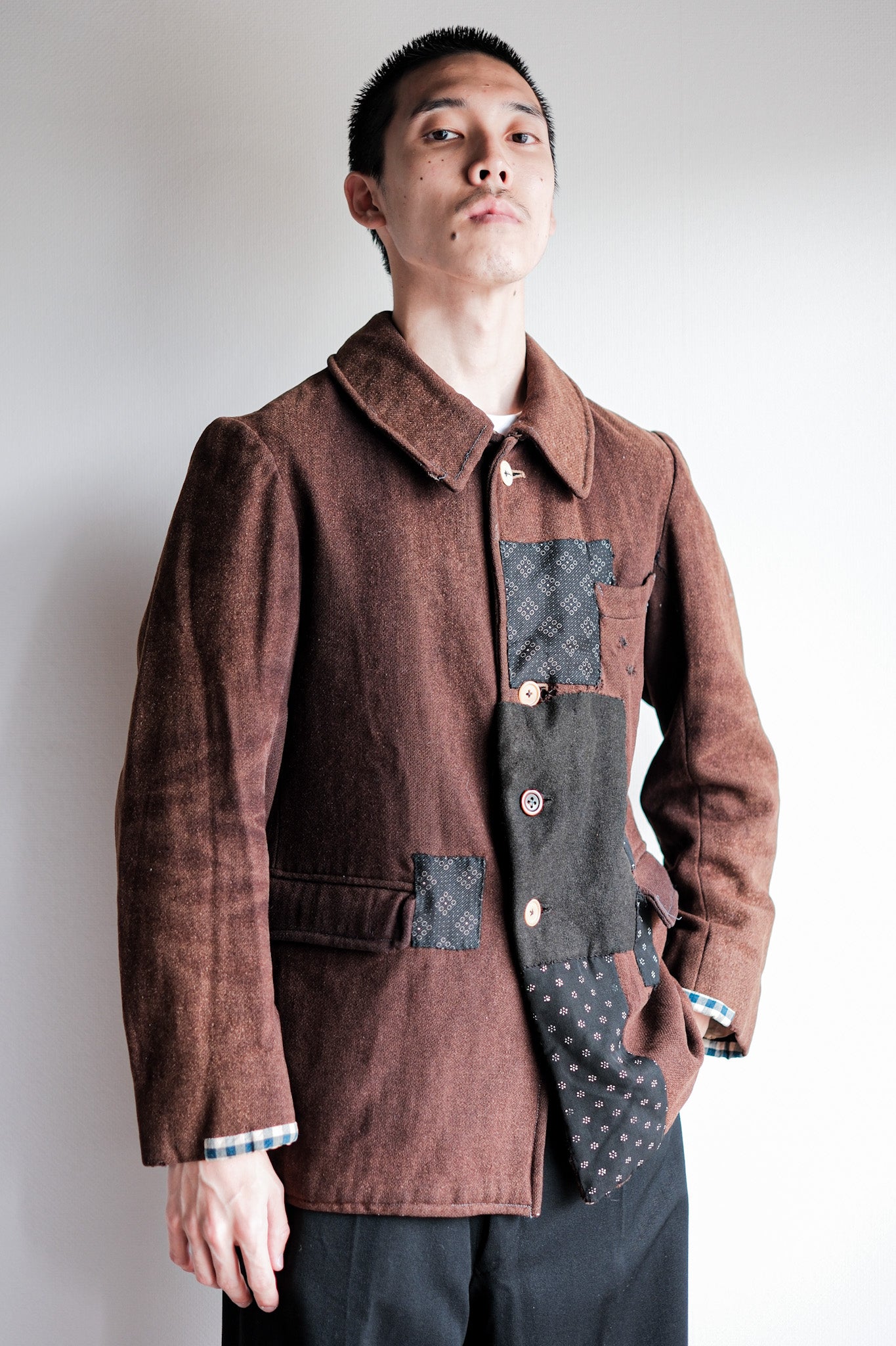 【~20's】French Vintage Brown Wool Work Jacket "Patchwork"