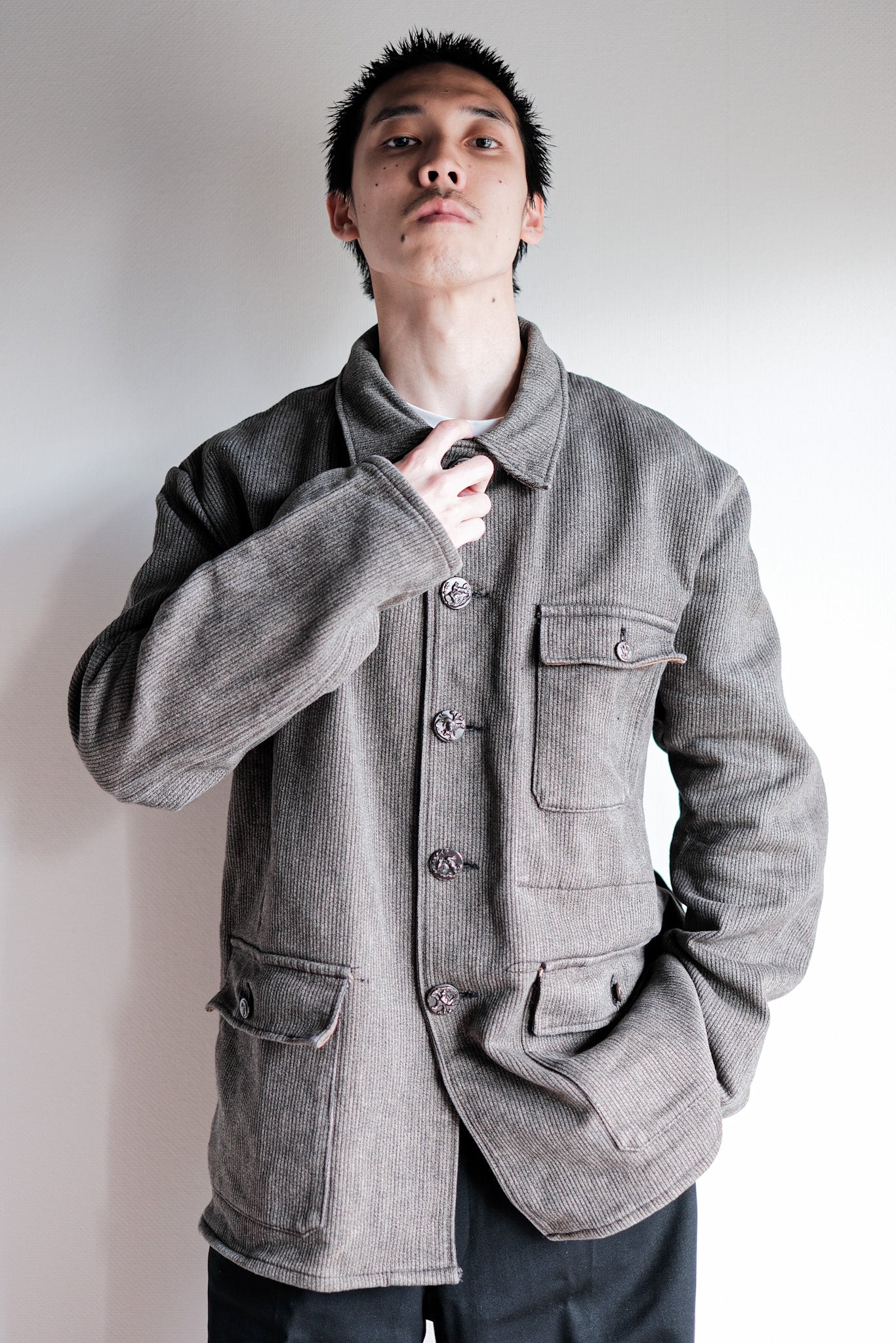 【~60's】French Vintage Brown Gray Salt & Pepper Cotton Pique Hunting Jacket "Le Mont St. Michel"