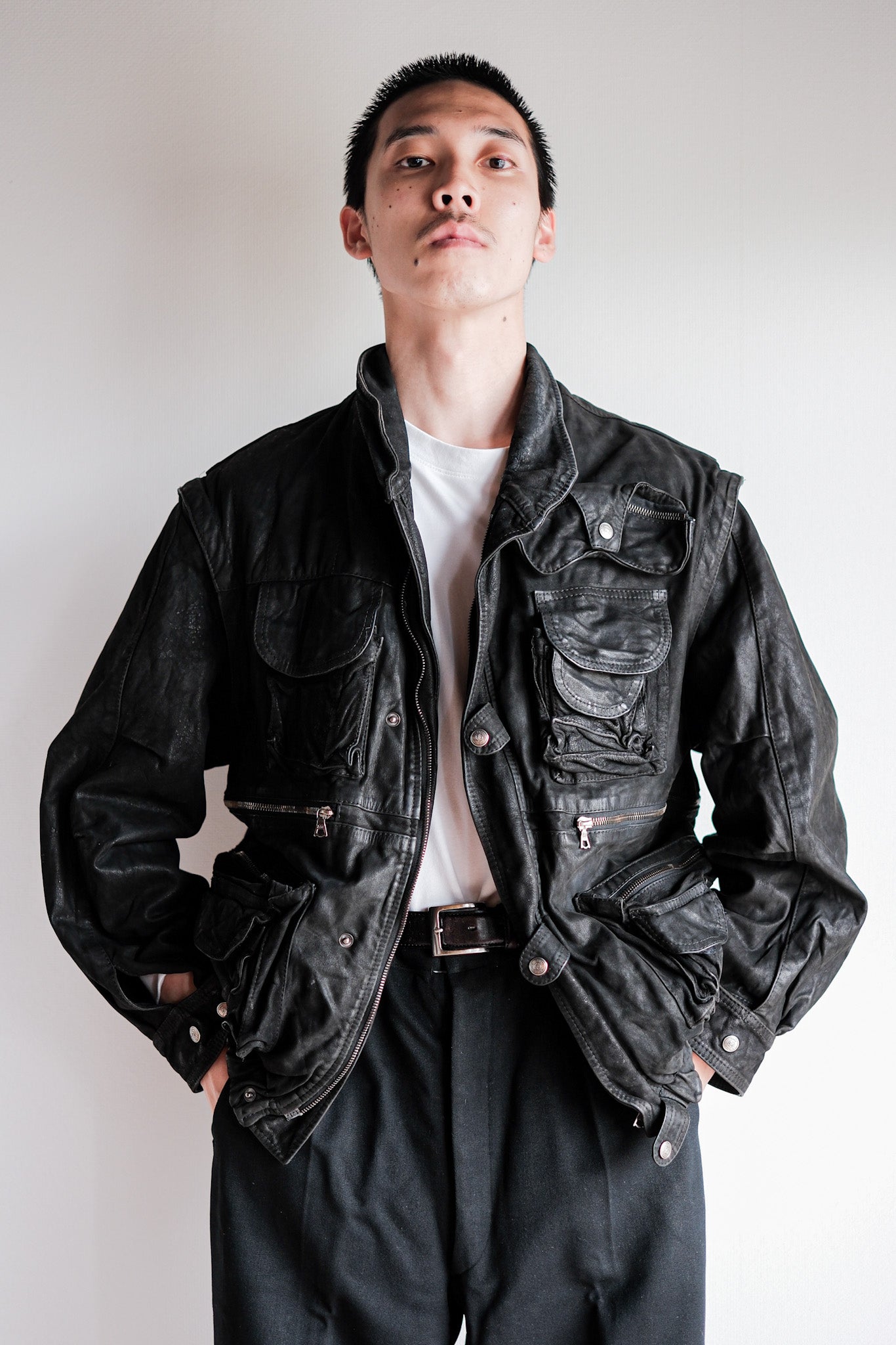 ［~90's］Old Renoma Paris Black Leather Detachable Sleeve Multi Pocket Jacket Size.M