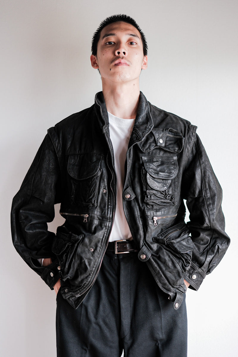 [~90's] Old Renoma Paris Black Leather Detachable Sleeve Multi Pocket Jacket Size.M