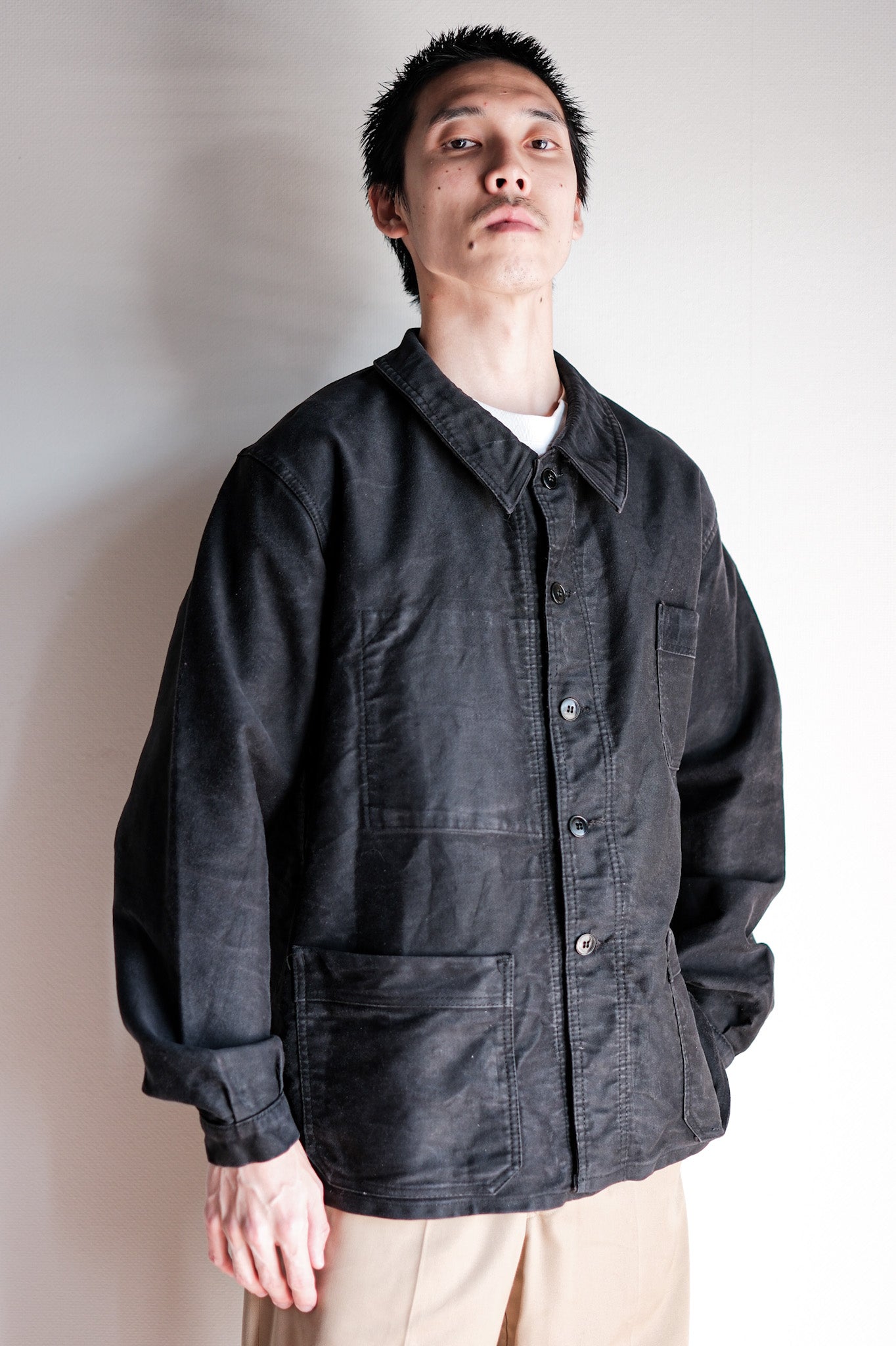 [~ 60's] French Vintage Black Moleskin Work Jacket Size.50