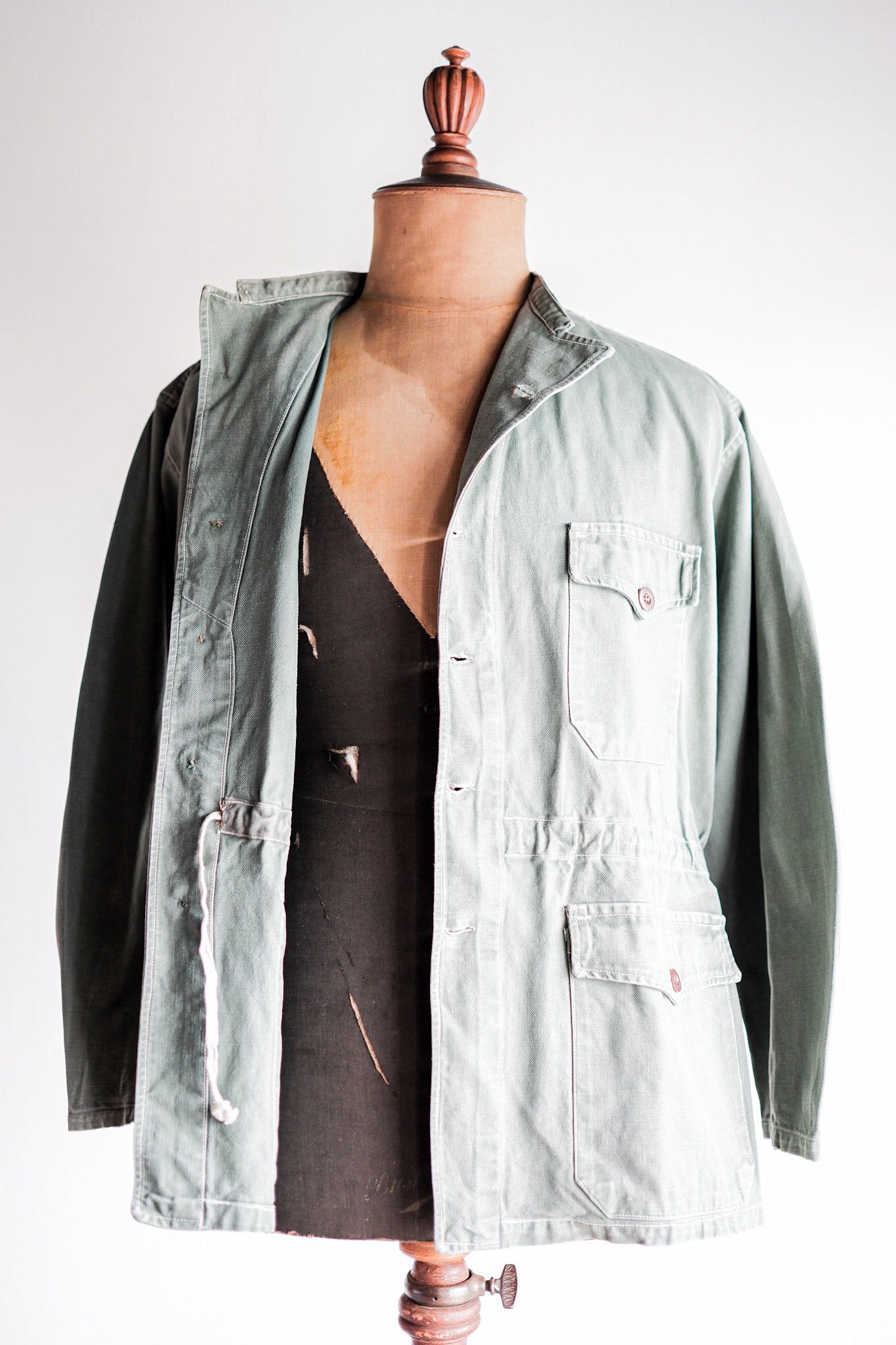 ［~50's］French Vintage Green Cotton Twill 4 Pockets Work Jacket "Unusual Pattern"