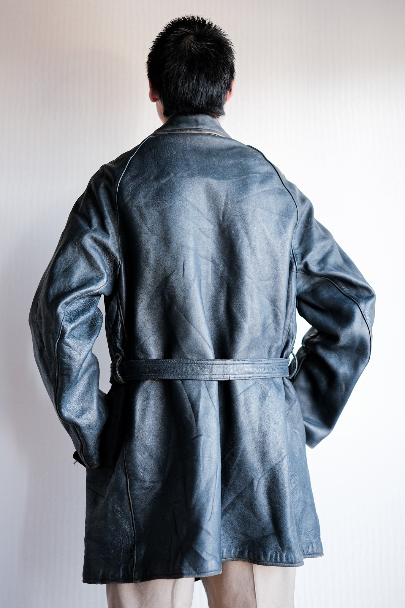 ［~50's］French Vintage Double Breasted Leather Work Coat With Chin Strap
