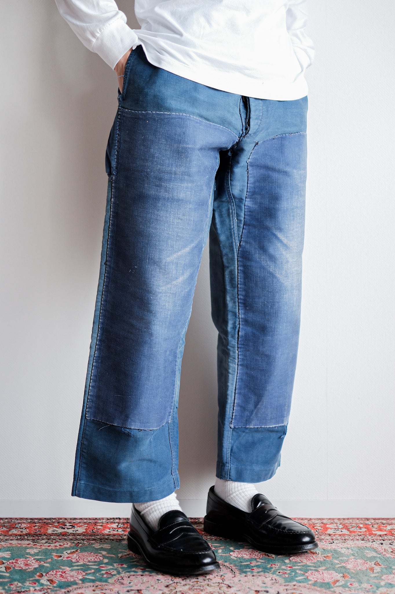 【~30's】French Vintage Blue Moleskin Work Pants "Patchwork"