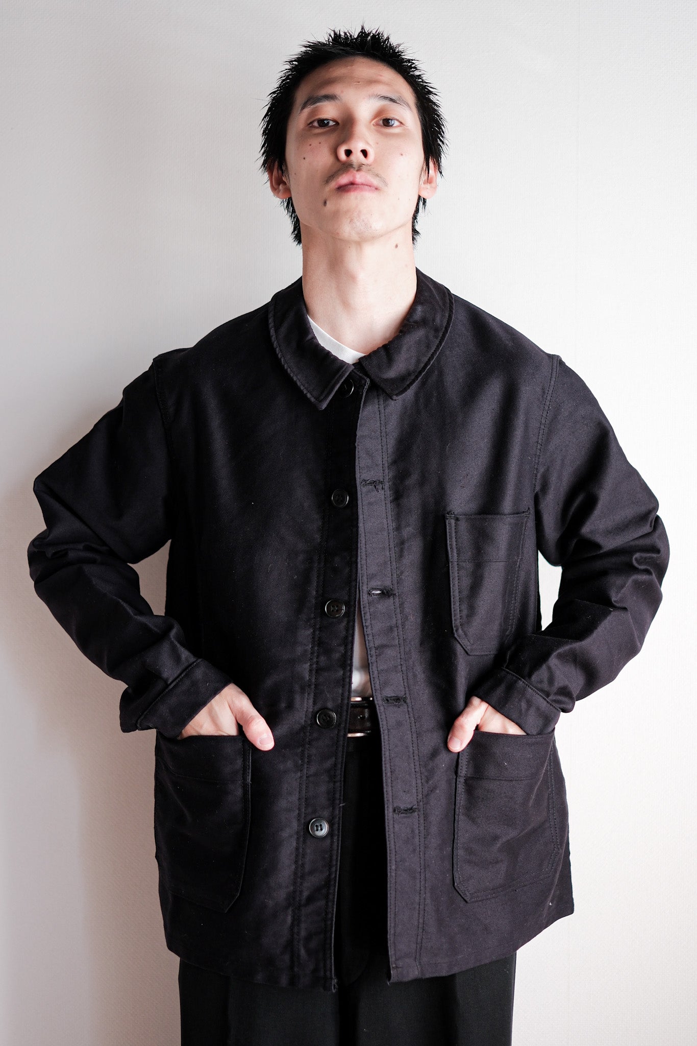 [~ 60 년대] 프랑스 빈티지 블랙 몰스킨 작업 재킷 크기 .50 "르 몽 스톡 벨" "데드 스톡"