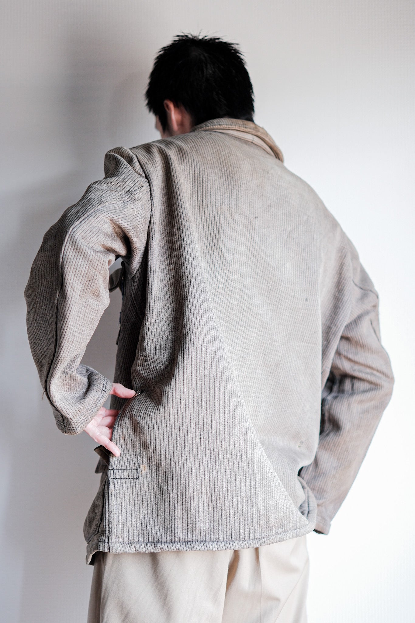 【~60's】French Vintage Brown Gray Cotton Pique Hunting Jacket Size.46