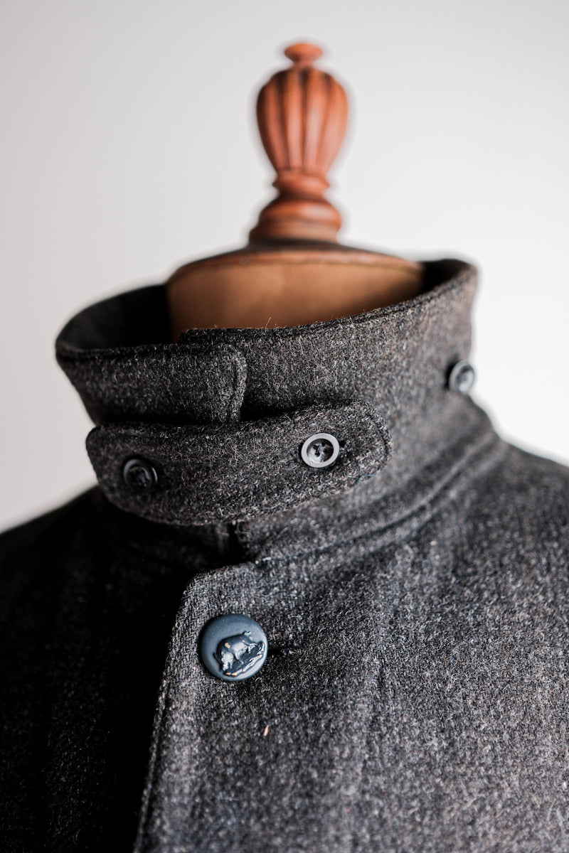 [~30's] French Vintage Grey Wool Hunting Jacket With Chin Strap "Boro"