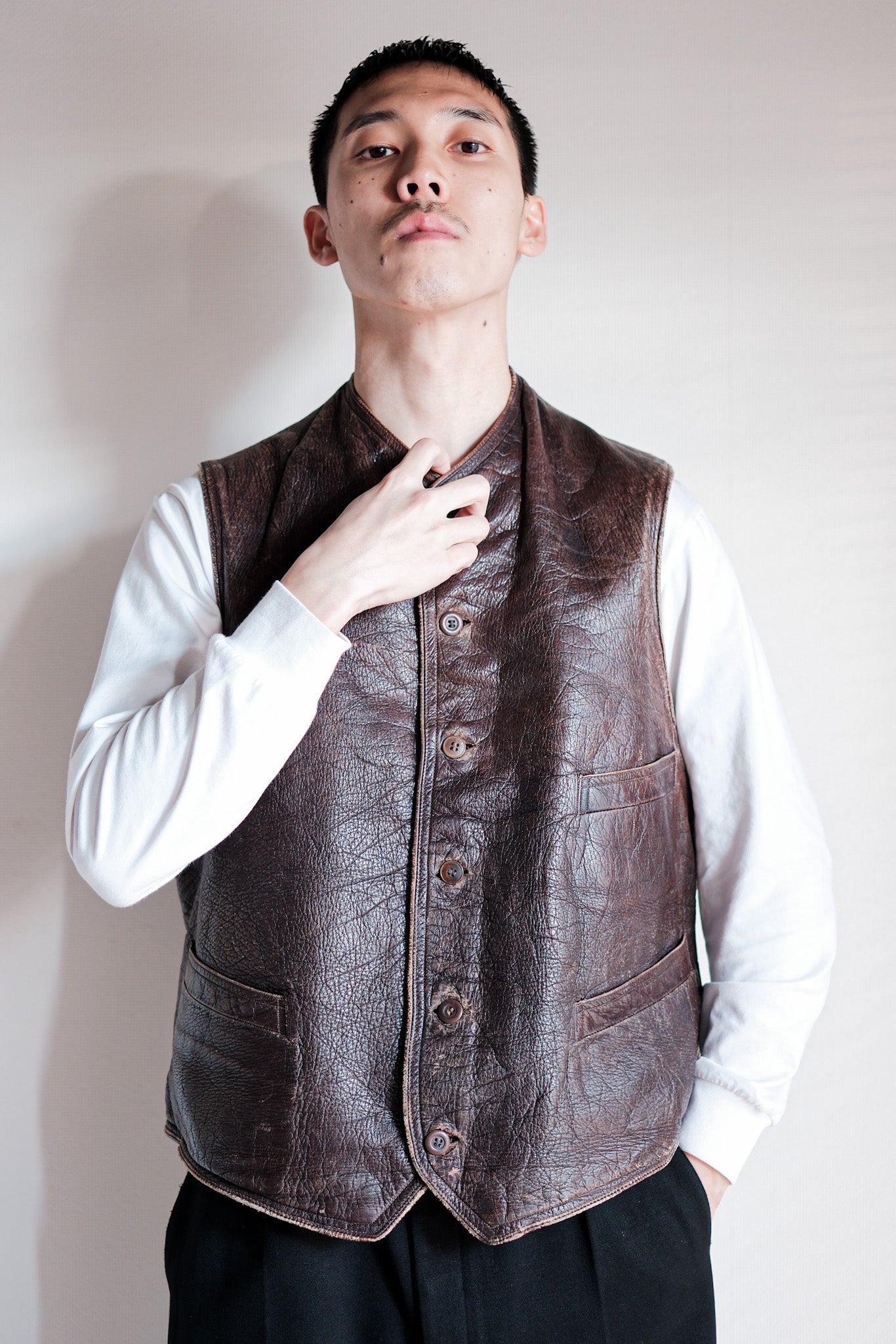 【~40's】French Vintage Brown Leather Work Gilet
