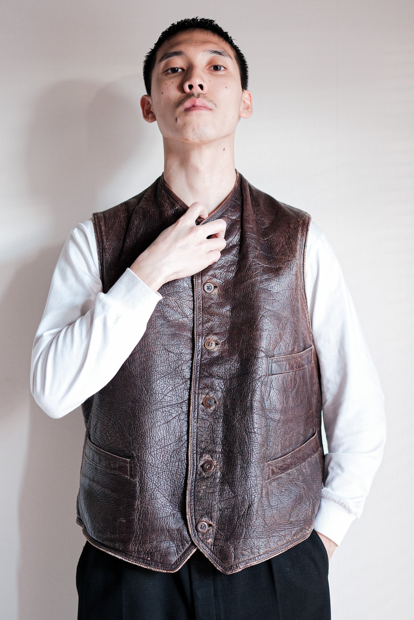 ［~40's］French Vintage Brown Leather Work Gilet