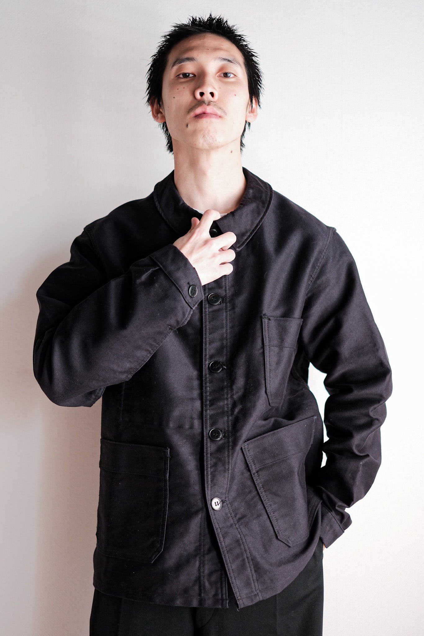 [~ 60's] French Vintage Black Moleskin Work Jacket Size.50 "Le Mont Stockel" "DEAD STOCK"