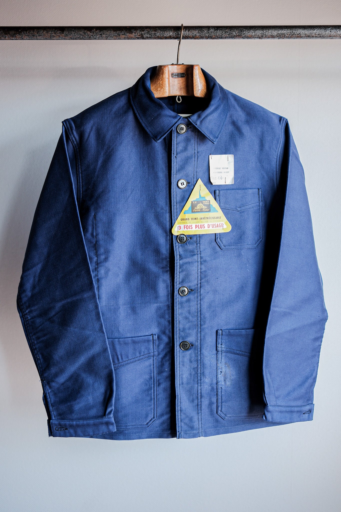 【~50’s】French Vintage Blue Moleskin Work Jacket Size.44 "Le Mont St. Michel" "Dead Stock"