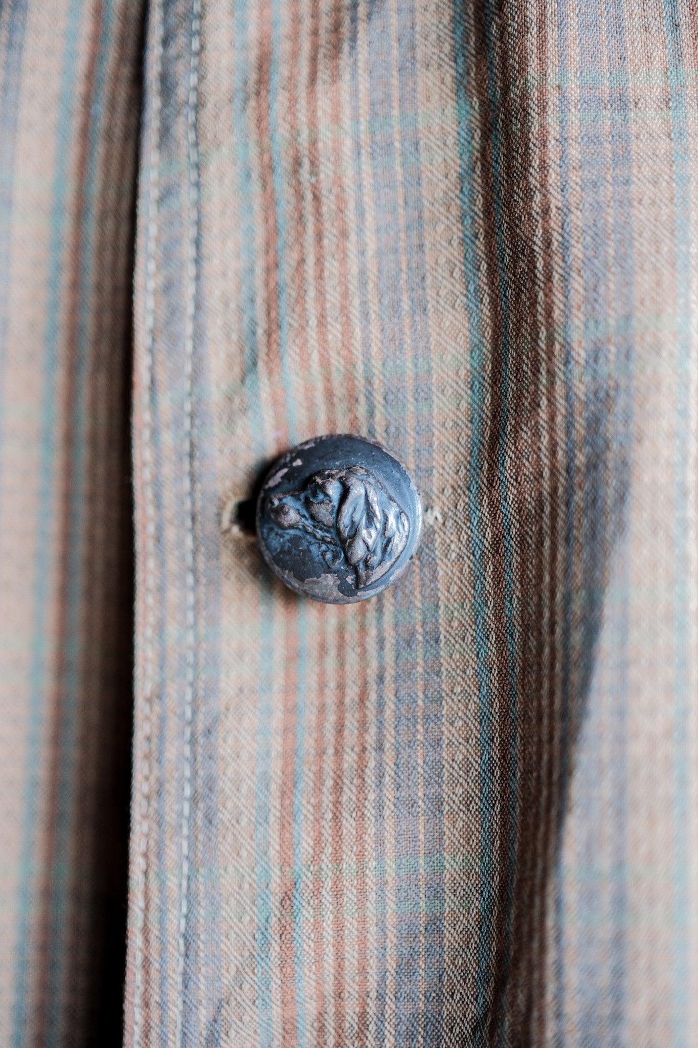 ［~50's］French Vintage Brown Cotton Striped Raglan Sleeve Hunting Jacket With Chin Strap "Unusual Pattern"