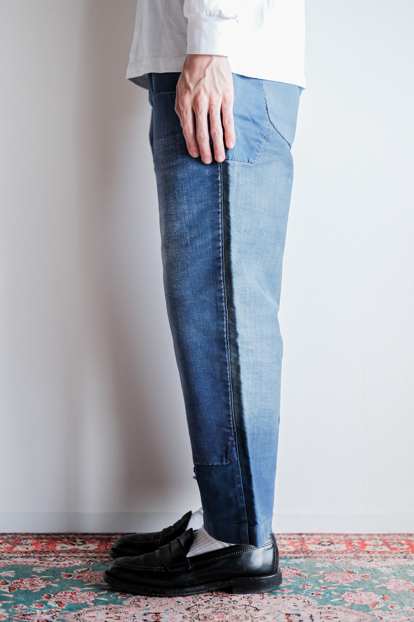 【~30's】French Vintage Blue Moleskin Work Pants "Patchwork"