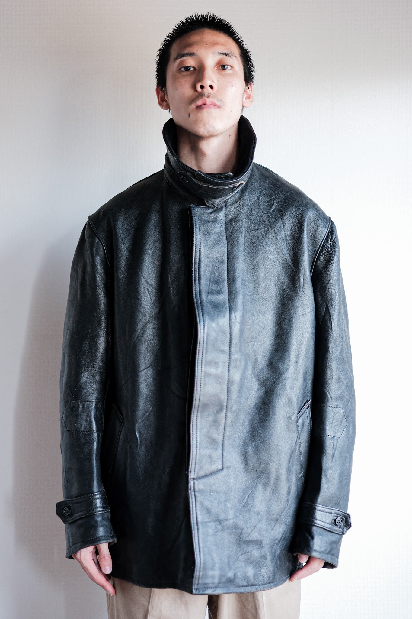 【~60's】French Vintage Black Leather Work Jacket "Wool Collar"