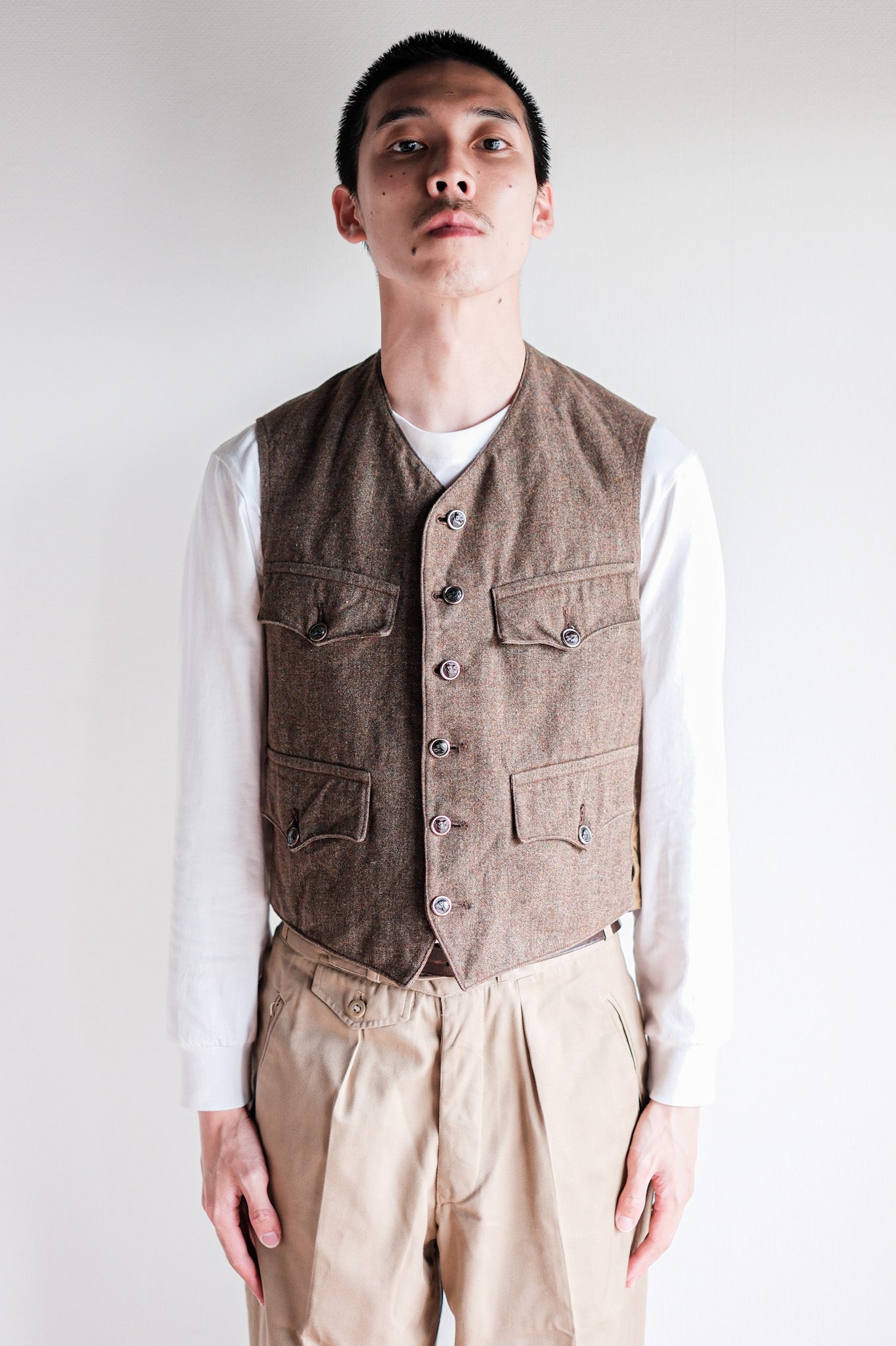 ［~40's］French Vintage Brown Mix Wool Hunting Gilet