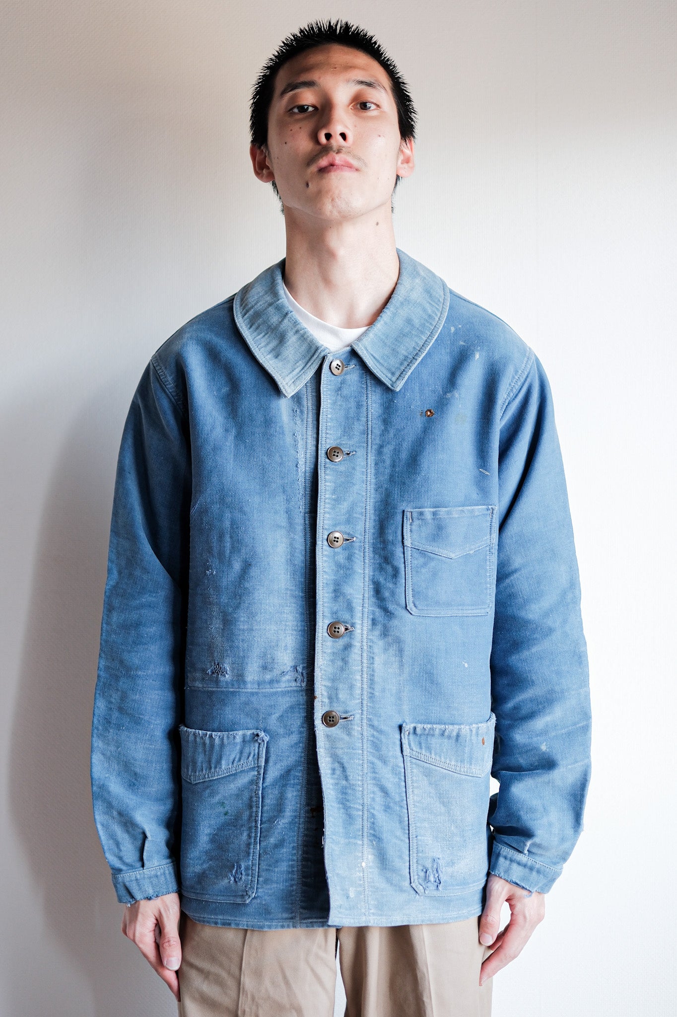 [~ 40's] French Vintage Blue Moleskin Work Jacket "Le Mont St. Michel"