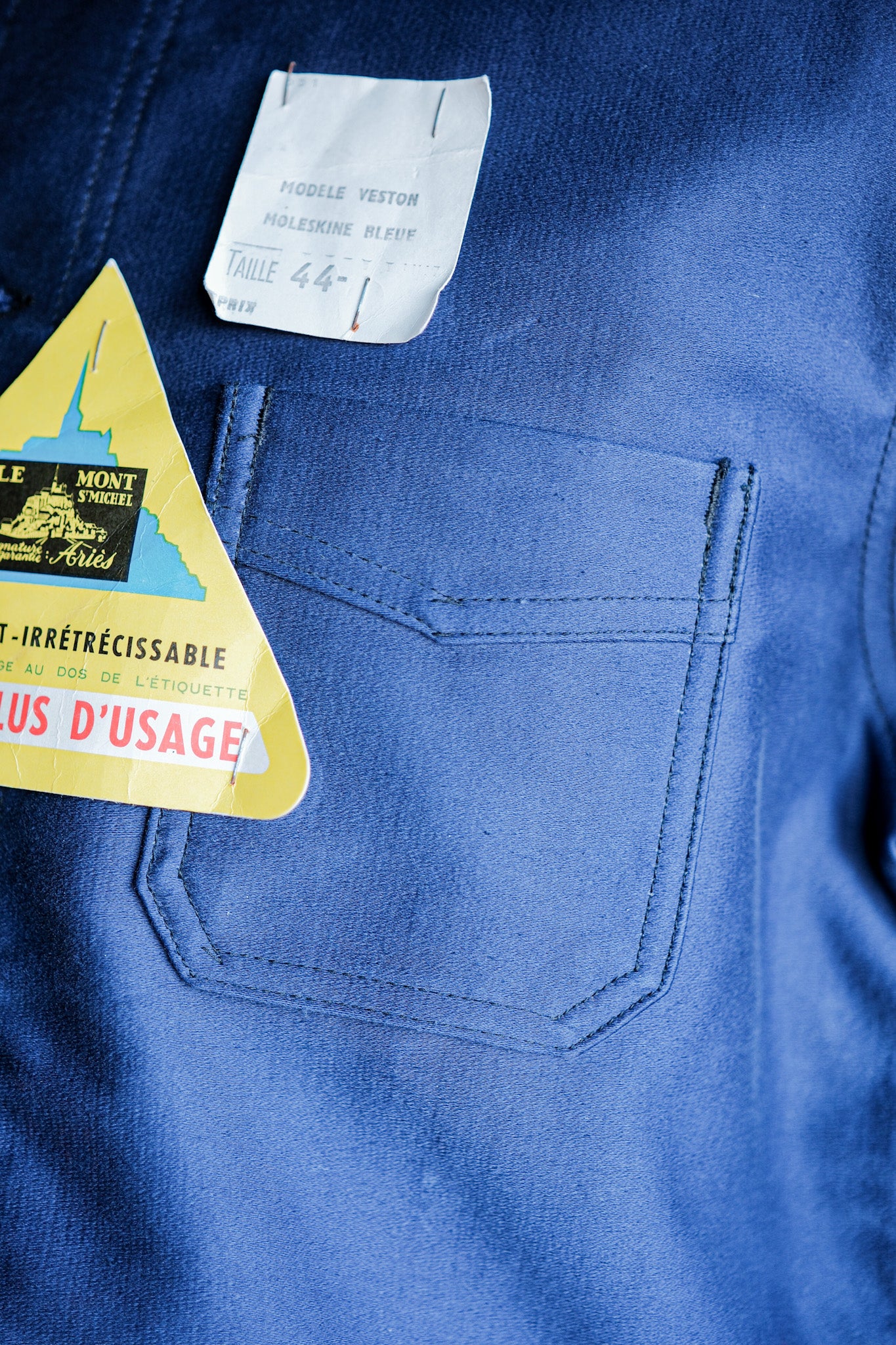 【~50’s】French Vintage Blue Moleskin Work Jacket Size.44 "Le Mont St. Michel" "Dead Stock"