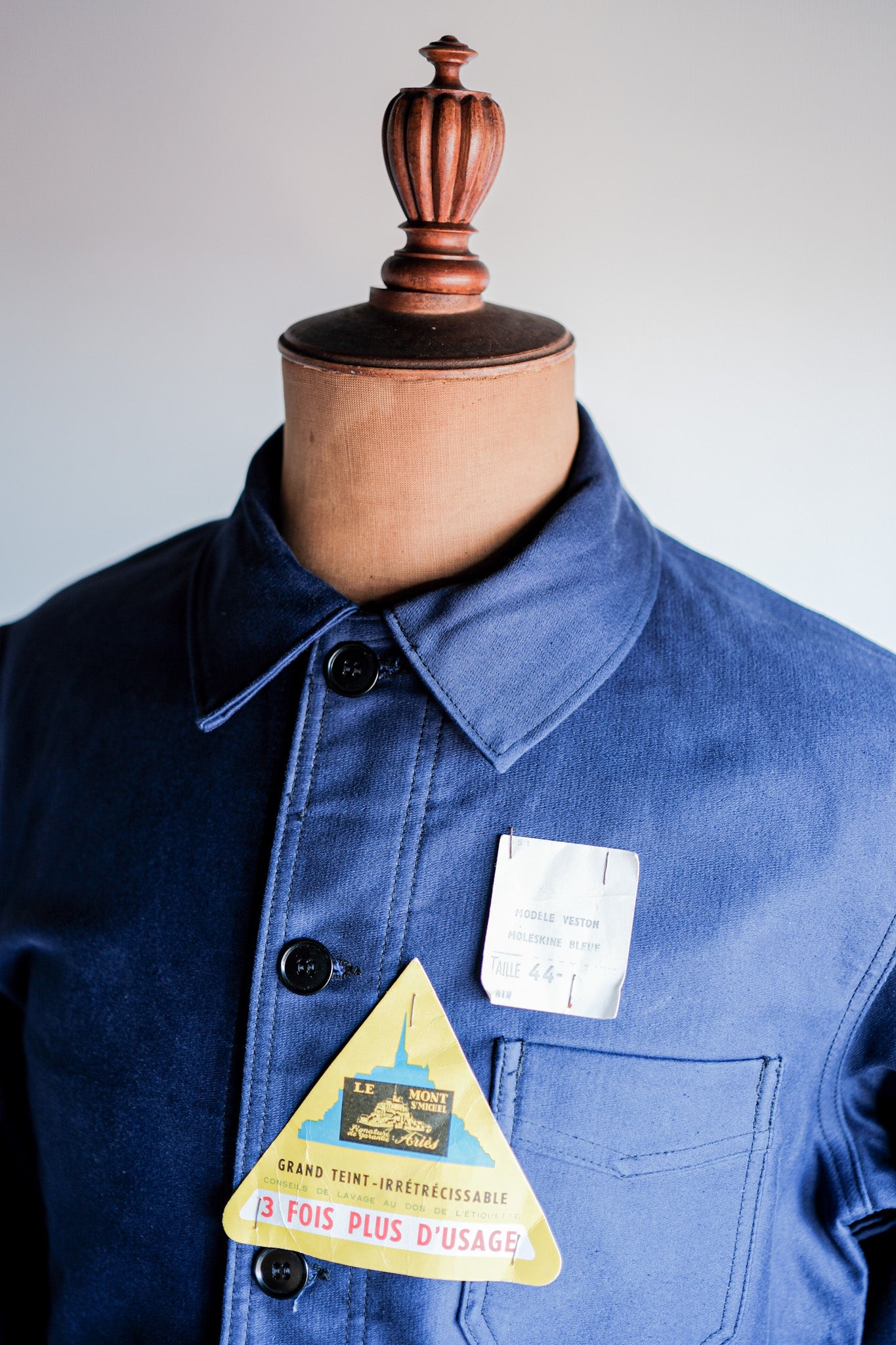 【~50’s】French Vintage Blue Moleskin Work Jacket Size.44 "Le Mont St. Michel" "Dead Stock"