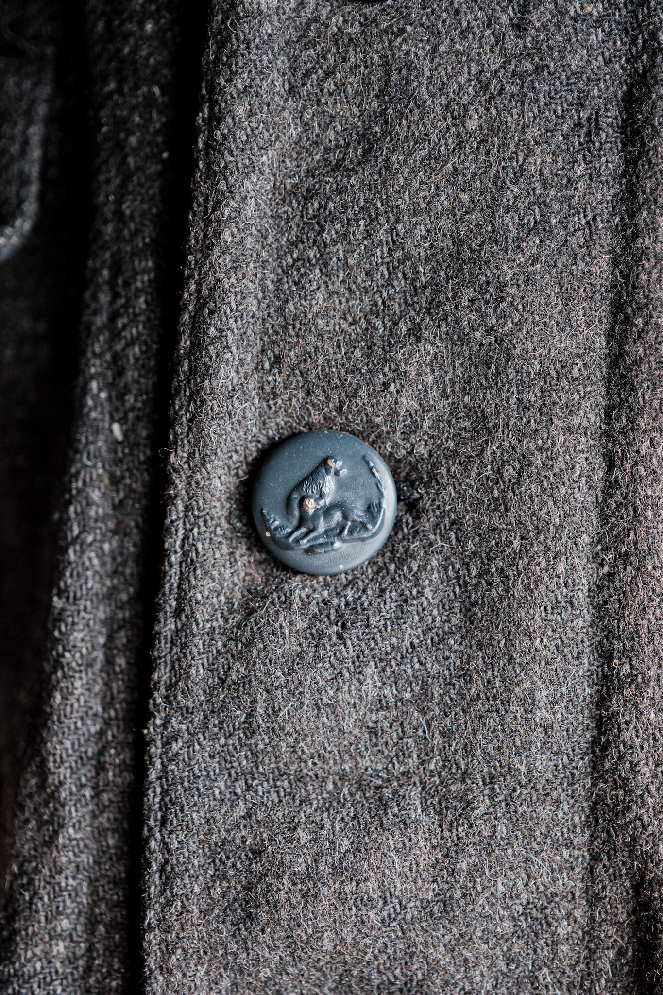 【~30's】French Vintage Gray Wool Hunting Jacket With Chin Strap "Boro"