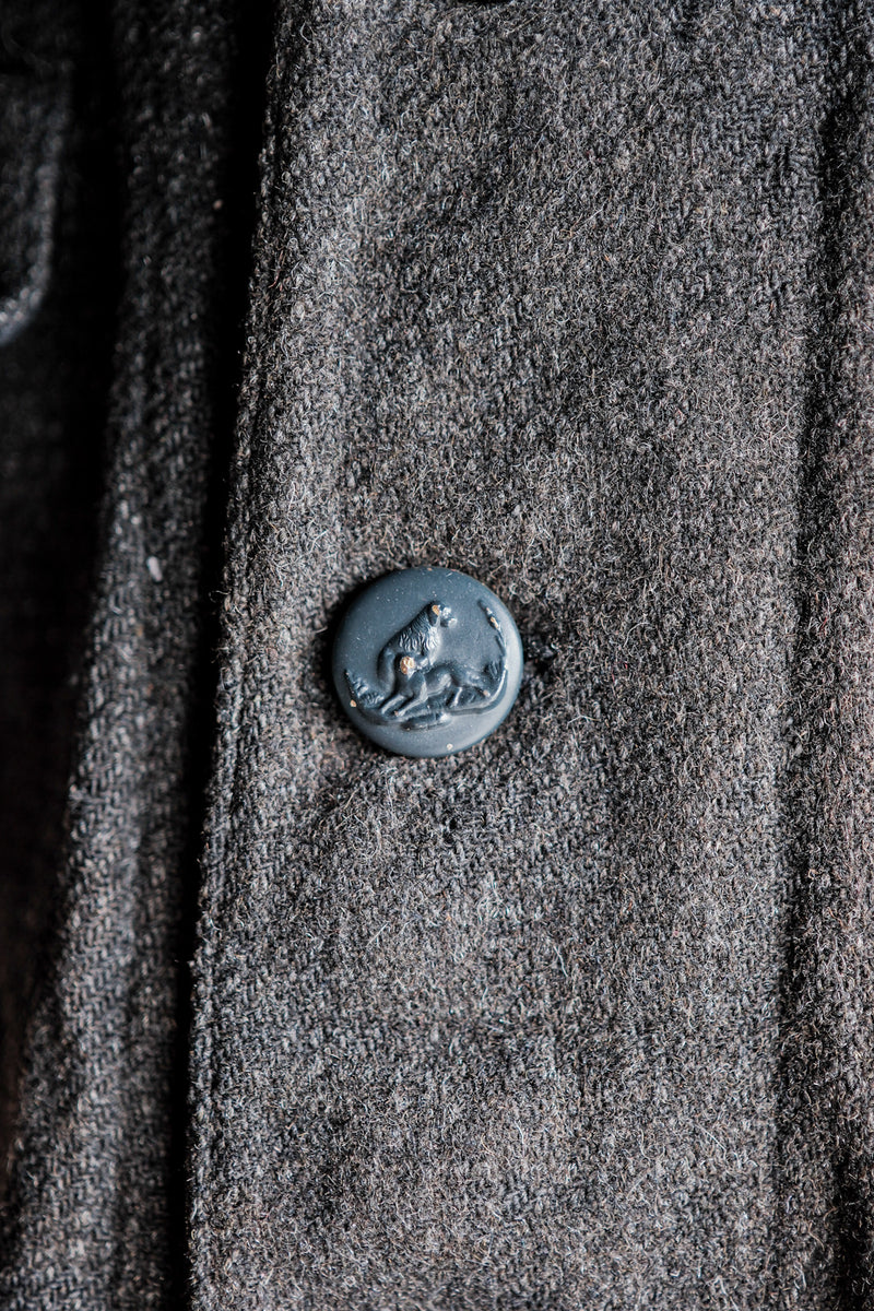 [~30's] French Vintage Grey Wool Hunting Jacket With Chin Strap "Boro"
