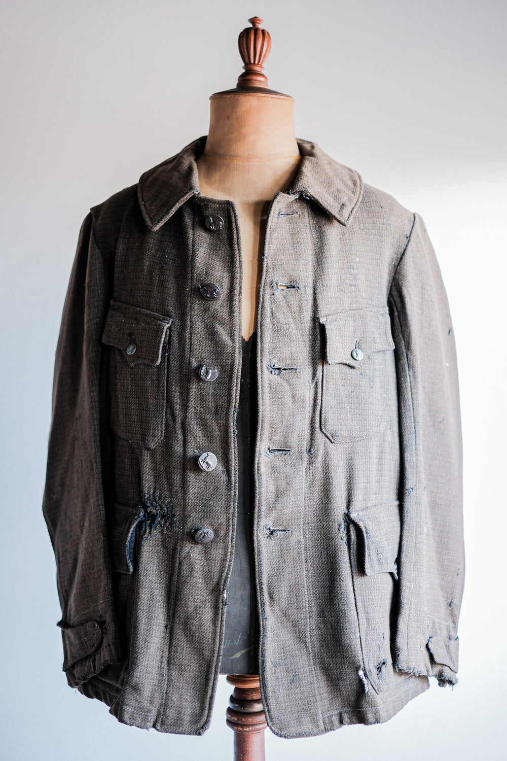 ［~30's］French Vintage Brown Wool Hunting Jacket "Boro"