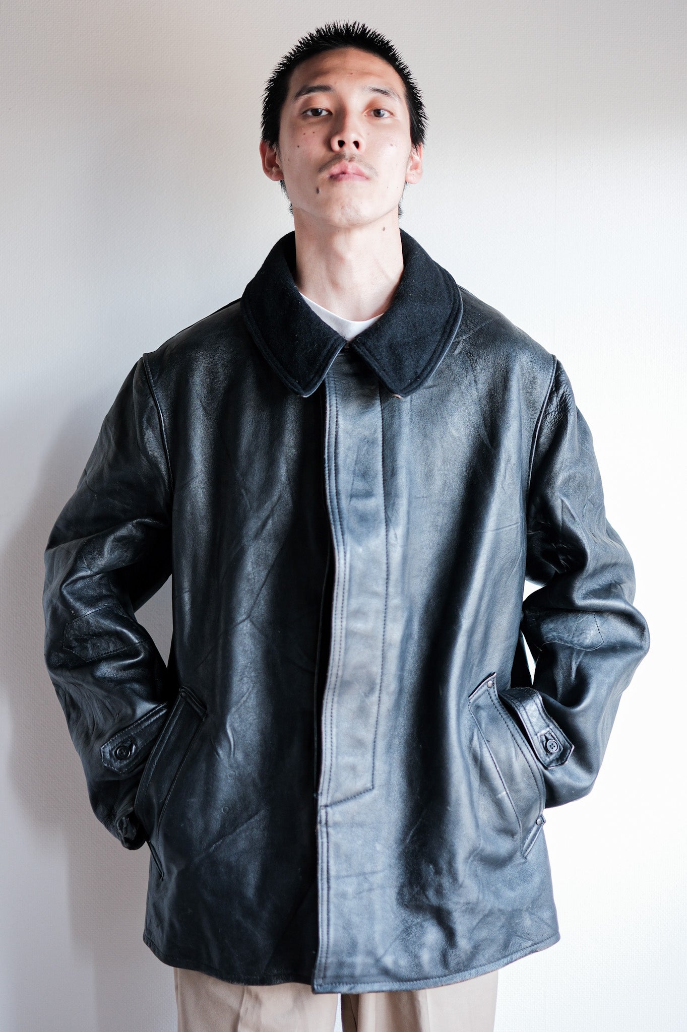 【~60's】French Vintage Black Leather Work Jacket "Wool Collar"