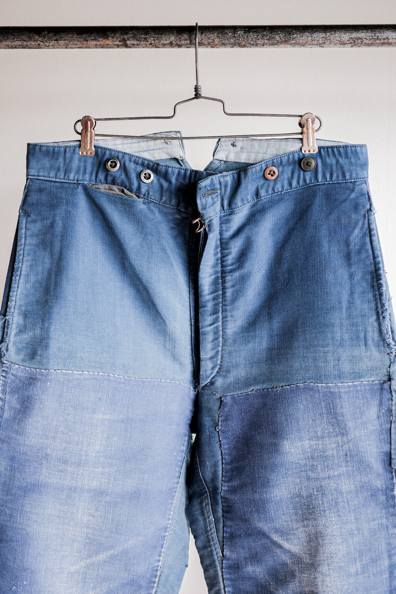 【~30's】French Vintage Blue Moleskin Work Pants "Patchwork"