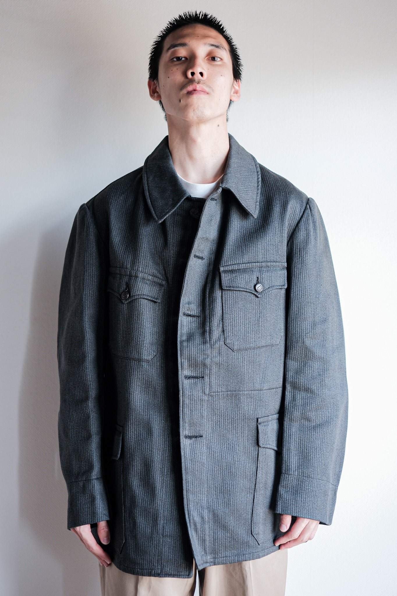 [~ 50's] French Vintage Gray Cotton Pique Hunting Jacket with China Strap "Dead Stock"