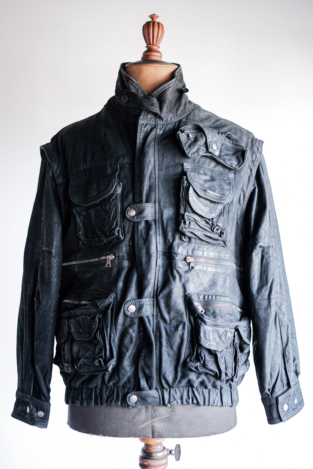 ［~90's］Old Renoma Paris Black Leather Detachable Sleeve Multi Pocket Jacket Size.M