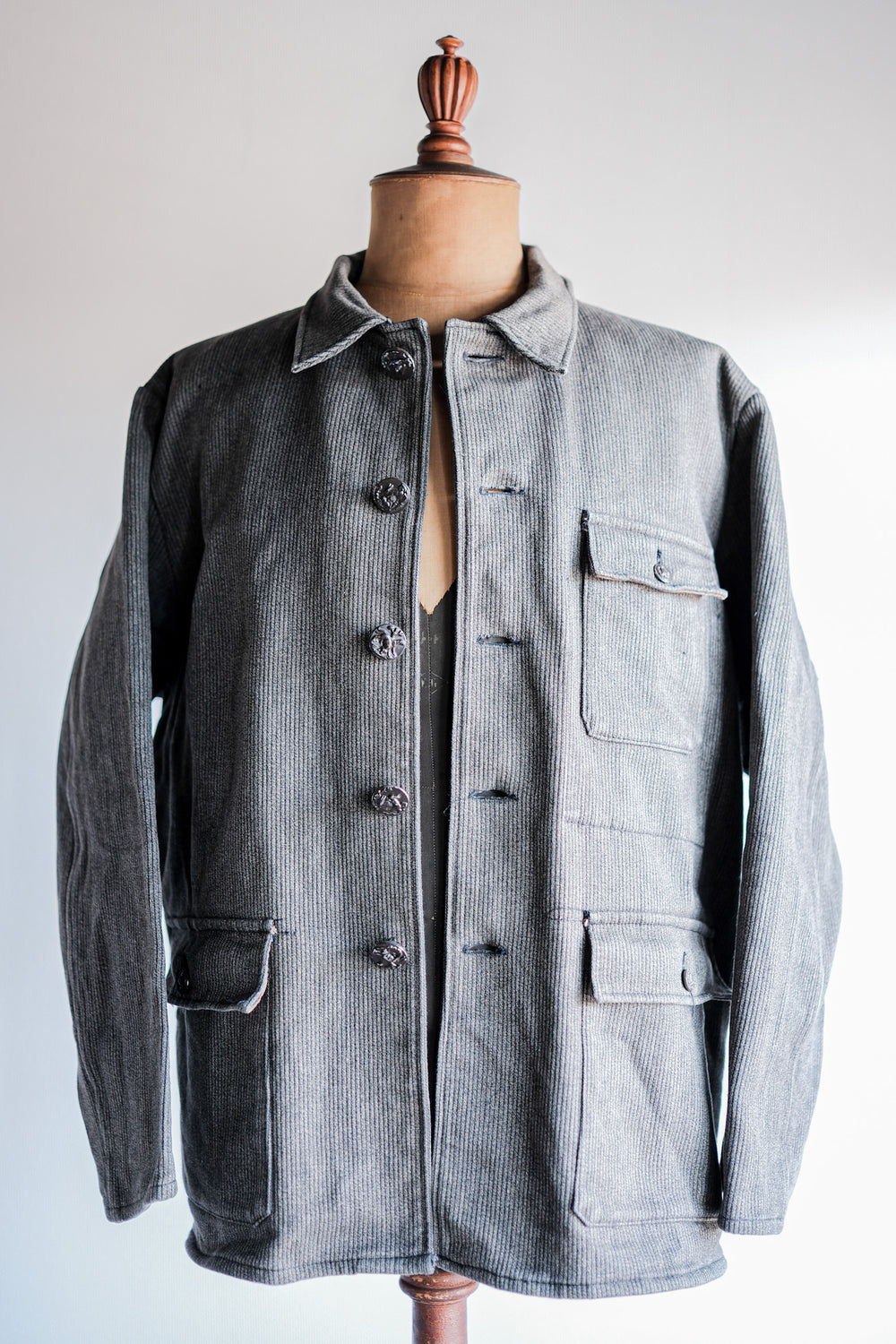 【~60's】French Vintage Brown Gray Salt & Pepper Cotton Pique Hunting Jacket "Le Mont St. Michel"