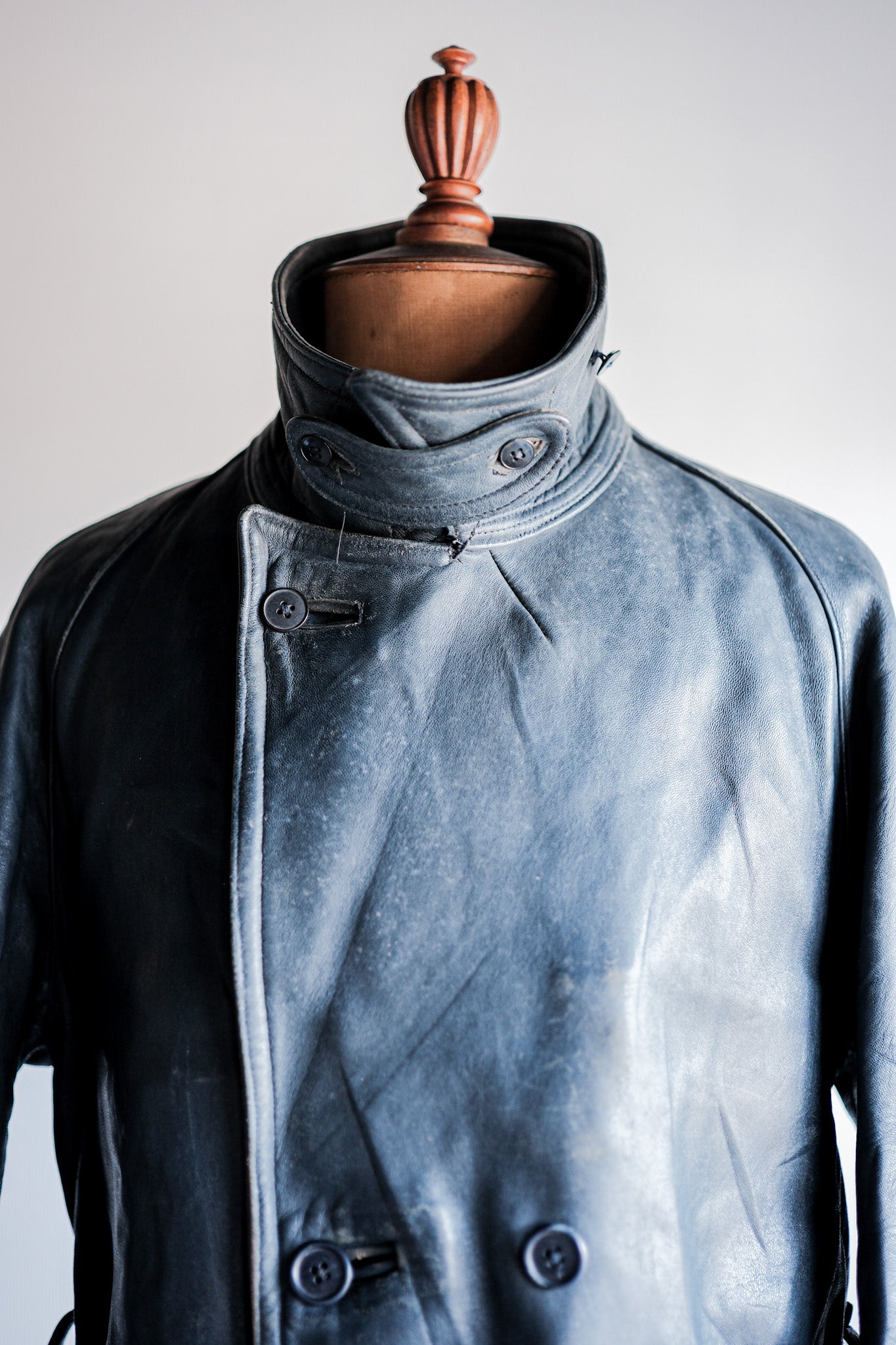 ［~50's］French Vintage Double Breasted Leather Work Coat With Chin Strap