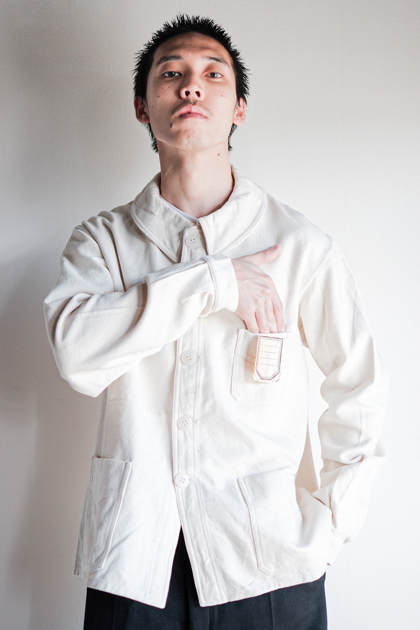 [~ 40's]Français vintage White Cotton Twill Work Jacket Taille.48 « Dead Stock »