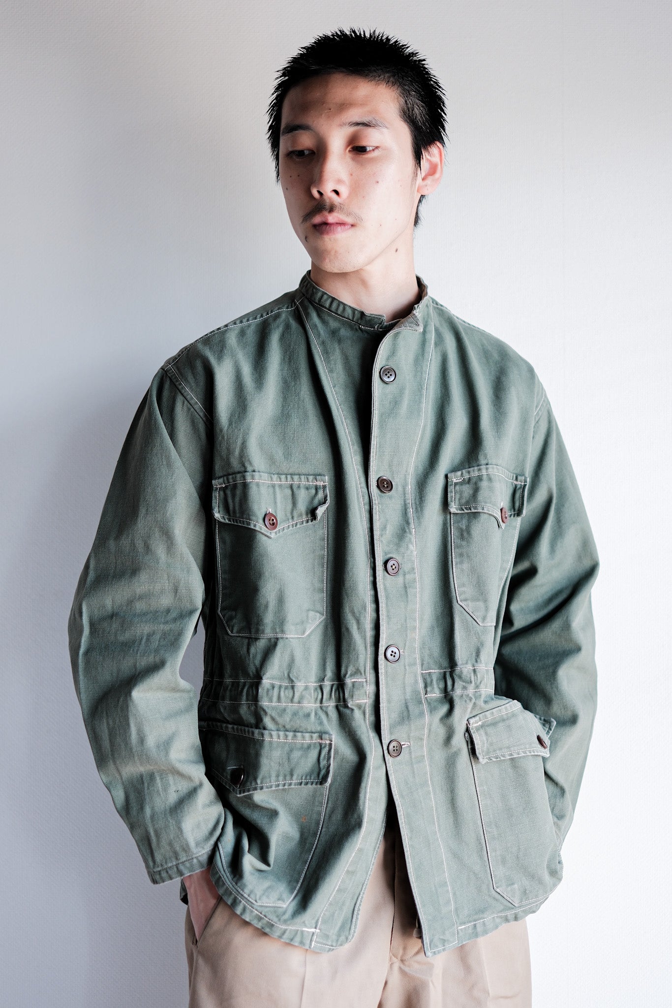 ［~50's］French Vintage Green Cotton Twill 4 Pockets Work Jacket "Unusual Pattern"
