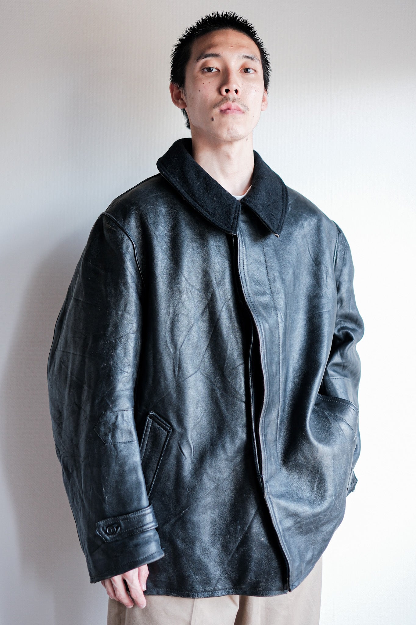 ［~60's］French Vintage Black Leather Work Jacket "Wool Collar"