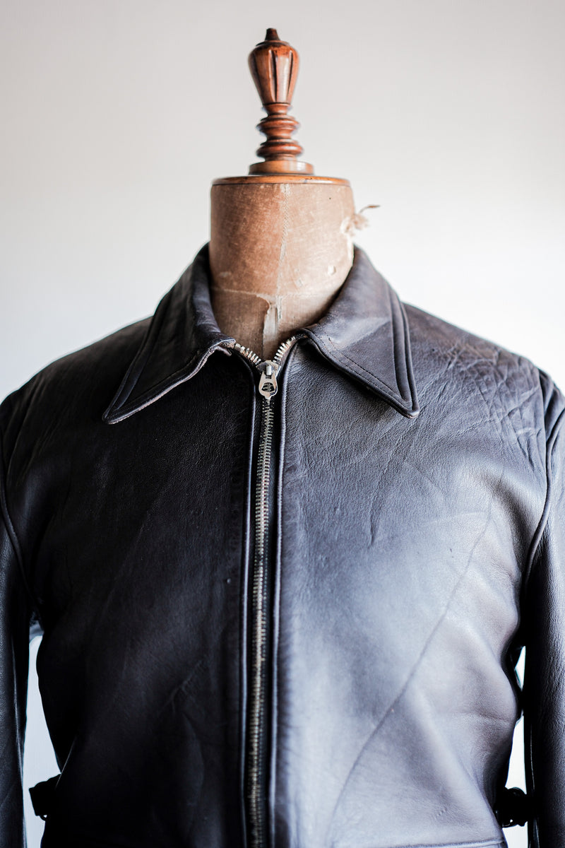 40's】French Vintage Brown Leather Cyclist Jacket 