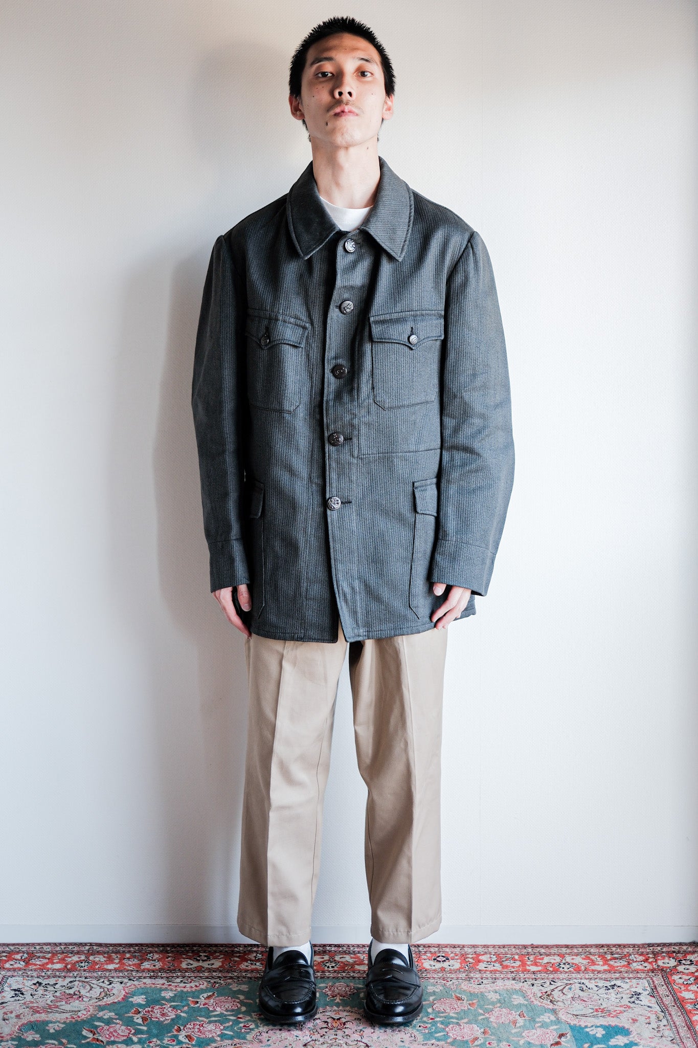 50's】French Vintage Gray Cotton Pique Hunting Jacket With Chin Strap