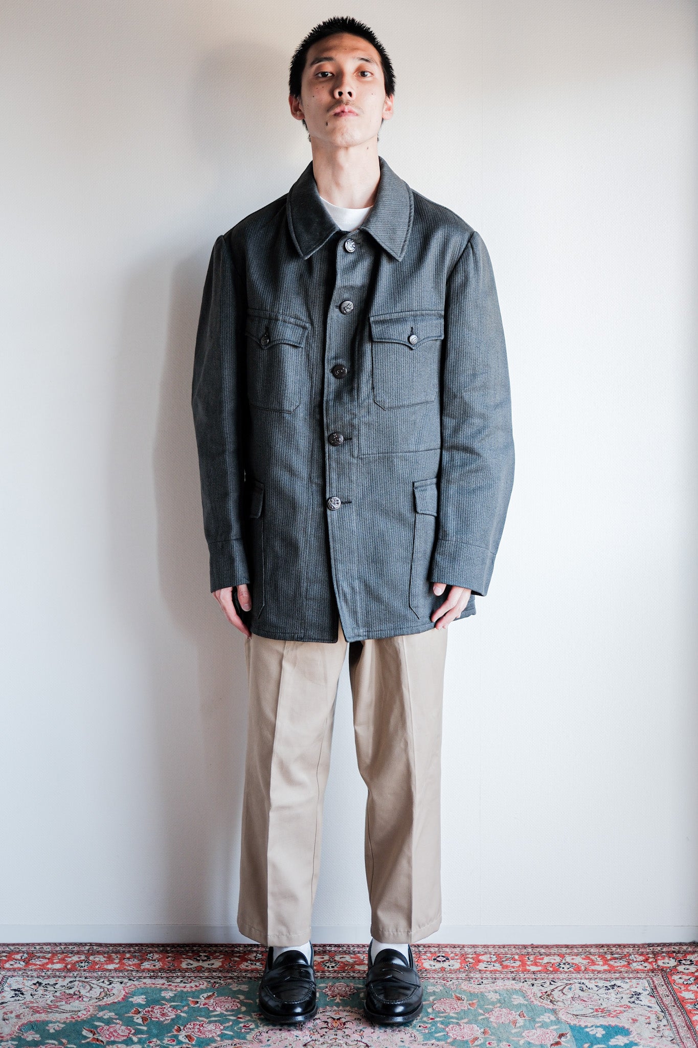 【~50's】French Vintage Gray Cotton Pique Hunting Jacket With Chin Strap "Dead Stock"