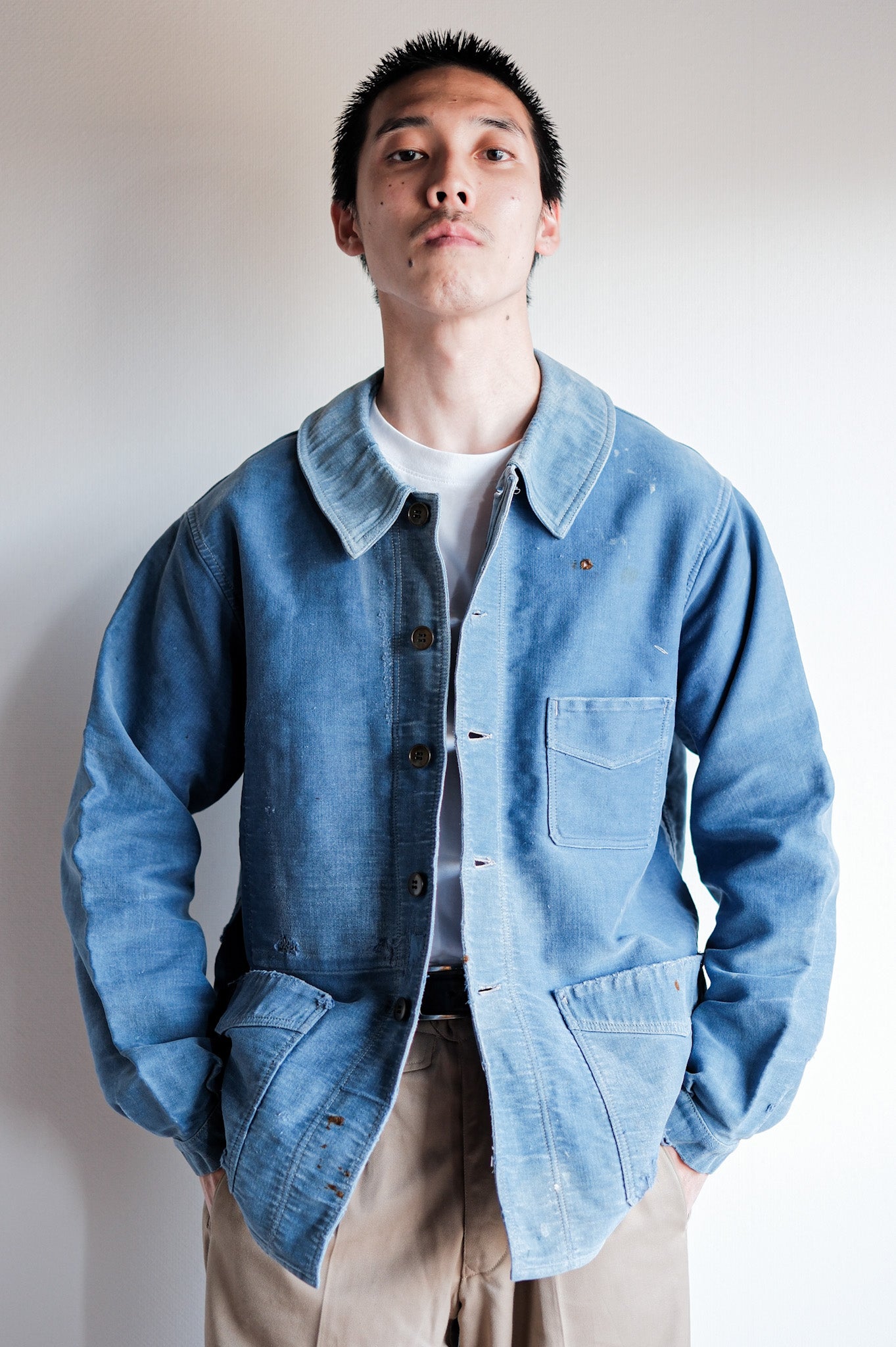 [~ 40's] French Vintage Blue Moleskin Work Jacket "Le Mont St. Michel"