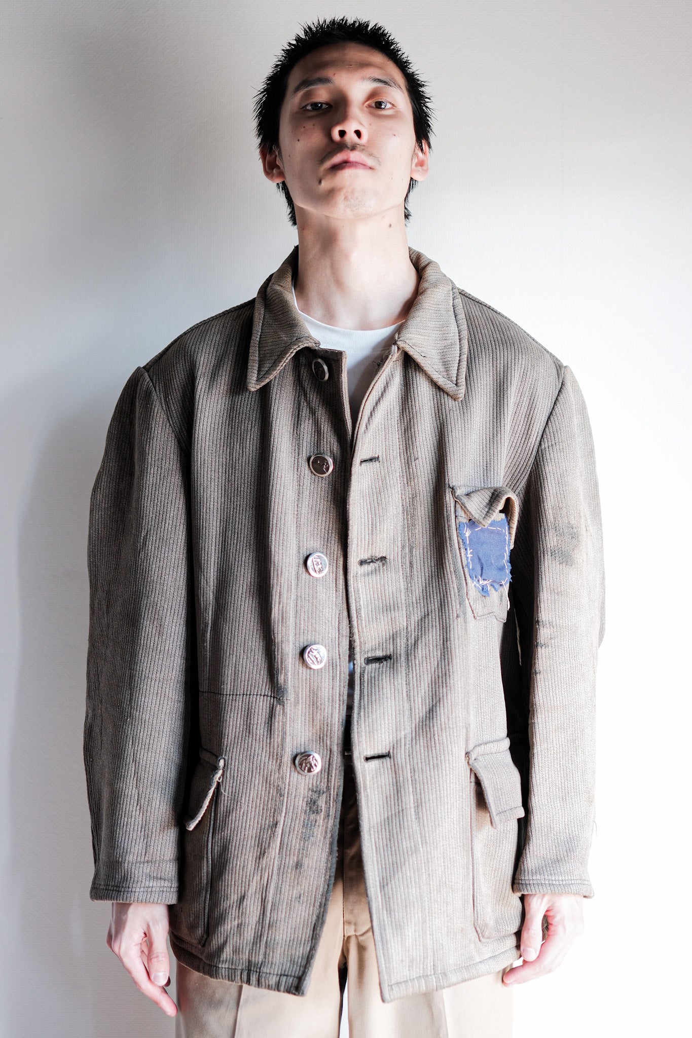 60's】French Vintage Brown Gray Cotton Pique Hunting Jacket Size.46